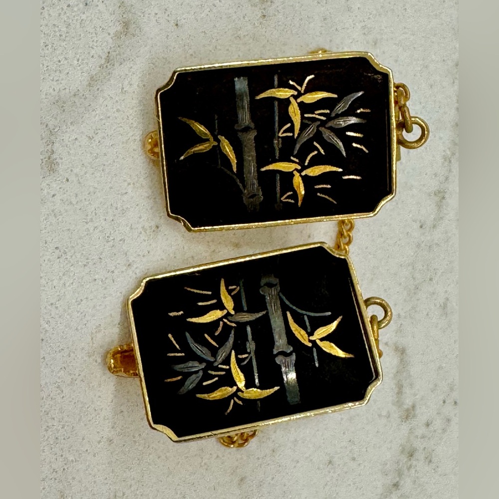 VINTAGE Japan AMITA Damascene Bamboo Sweater / Collar Clip — Midcentury Jewelry - Picture 4 of 5